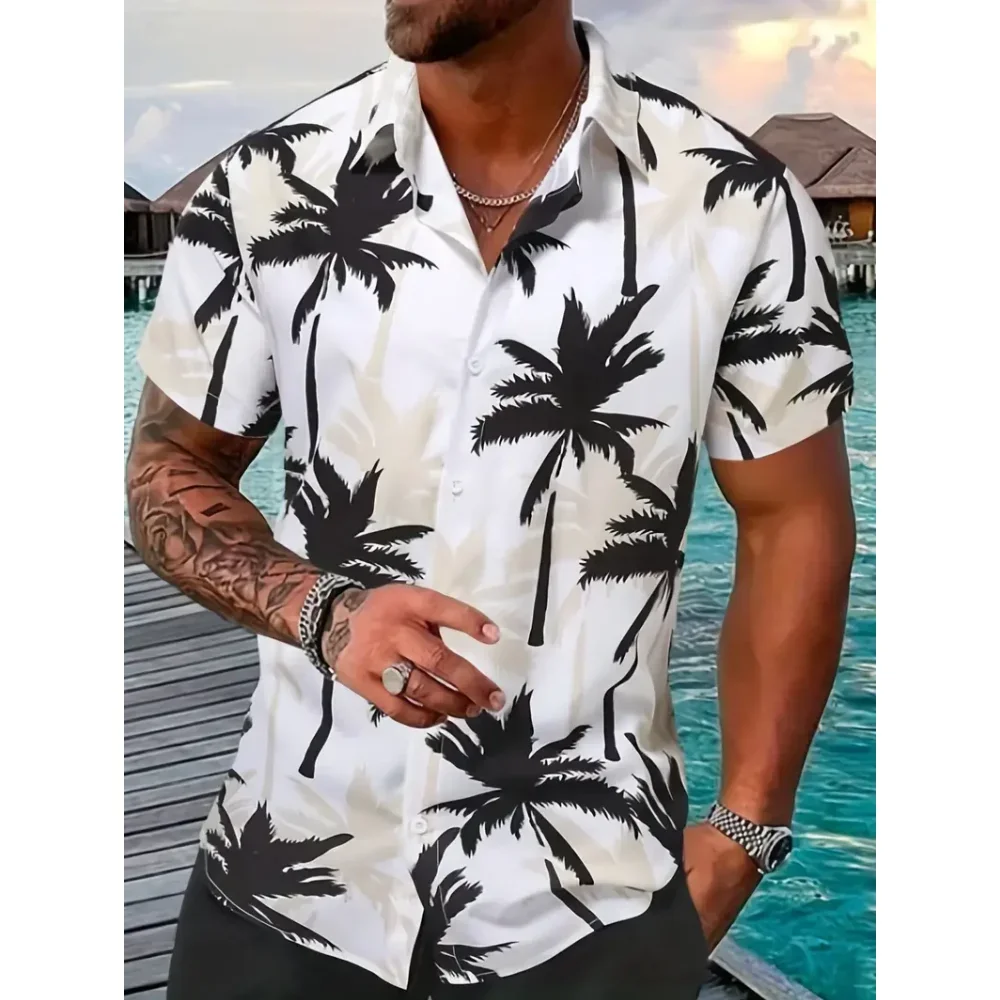 Мужская Летняя гавайская рубашка из хлопка с короткими рукавами и принтом кокосового дерева мужская гавайская рубашка с принтом кокосового дерева однобортная пляжная рубашка с отложным воротником и короткими рукавами модная мужс