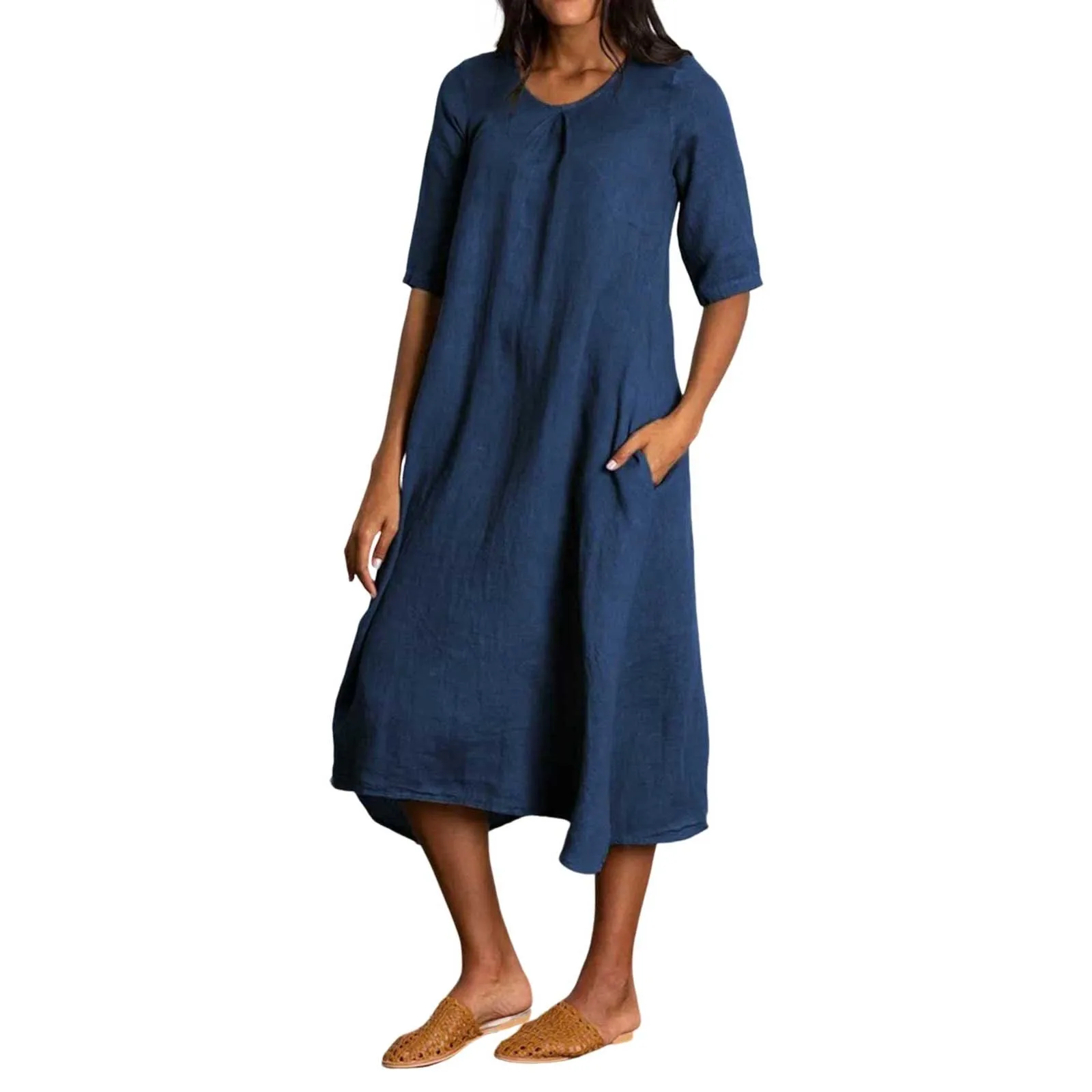 

Women Fashion Solid Round Neck Pocket Quarter Sleeve Casual Loose Long Dress for And Flare Dress