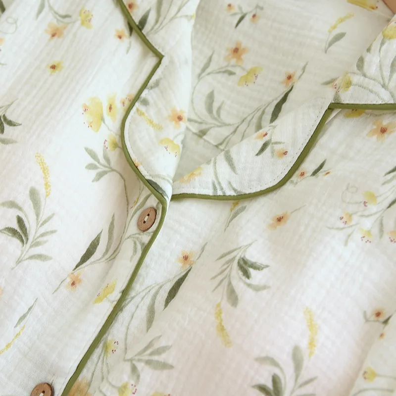 2024 New Spring and Autumn Women's Pajama Set 100% Cotton Crepe Cloth with Chest Pads Long Sleeve Two Piece Sweet Home Fury