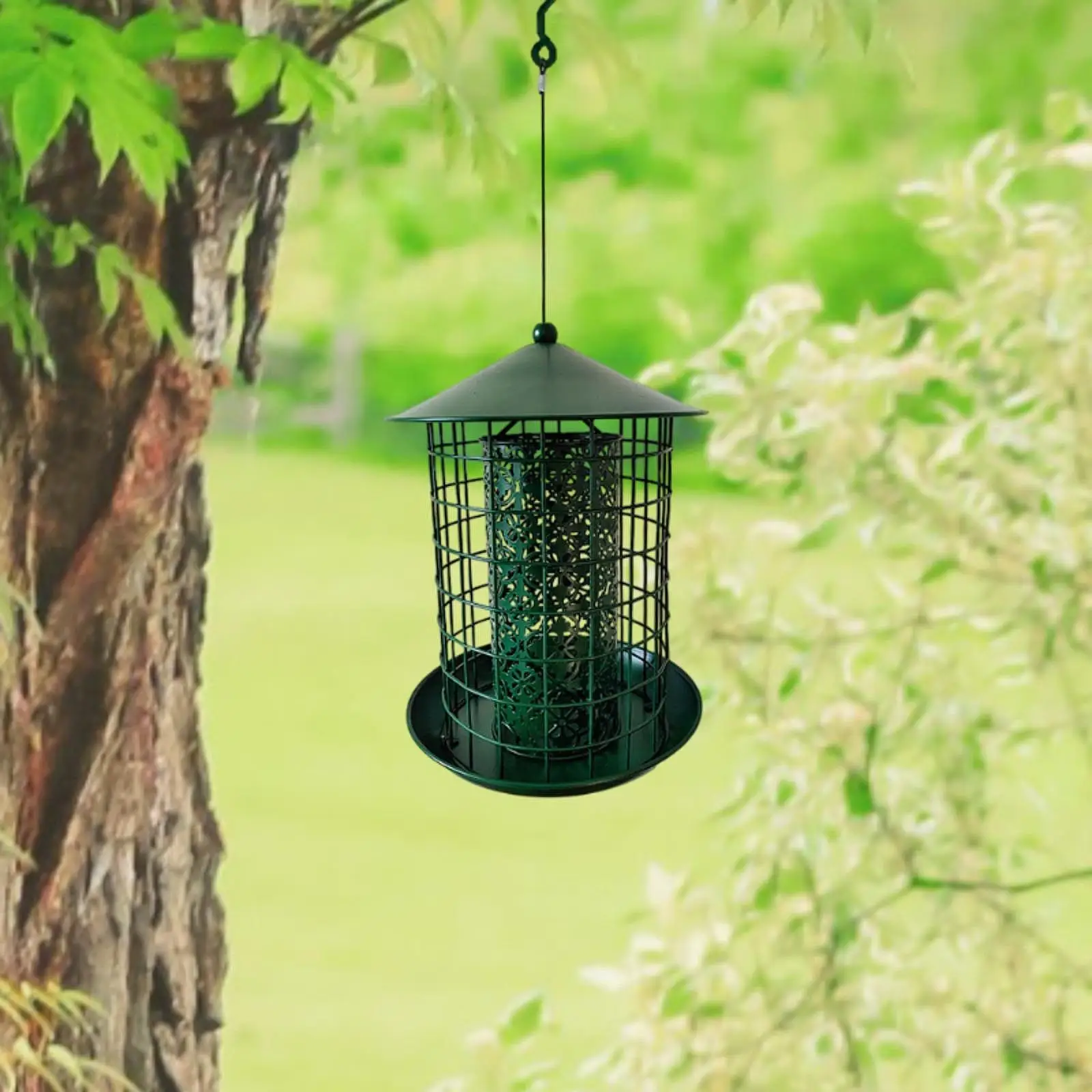 Metal Hanging Bird Feeder Green Birds Feeder,Rainproof Squirrel Proof Birdfeeder Bird Feeding for Outside,Lawn Balcony Garden