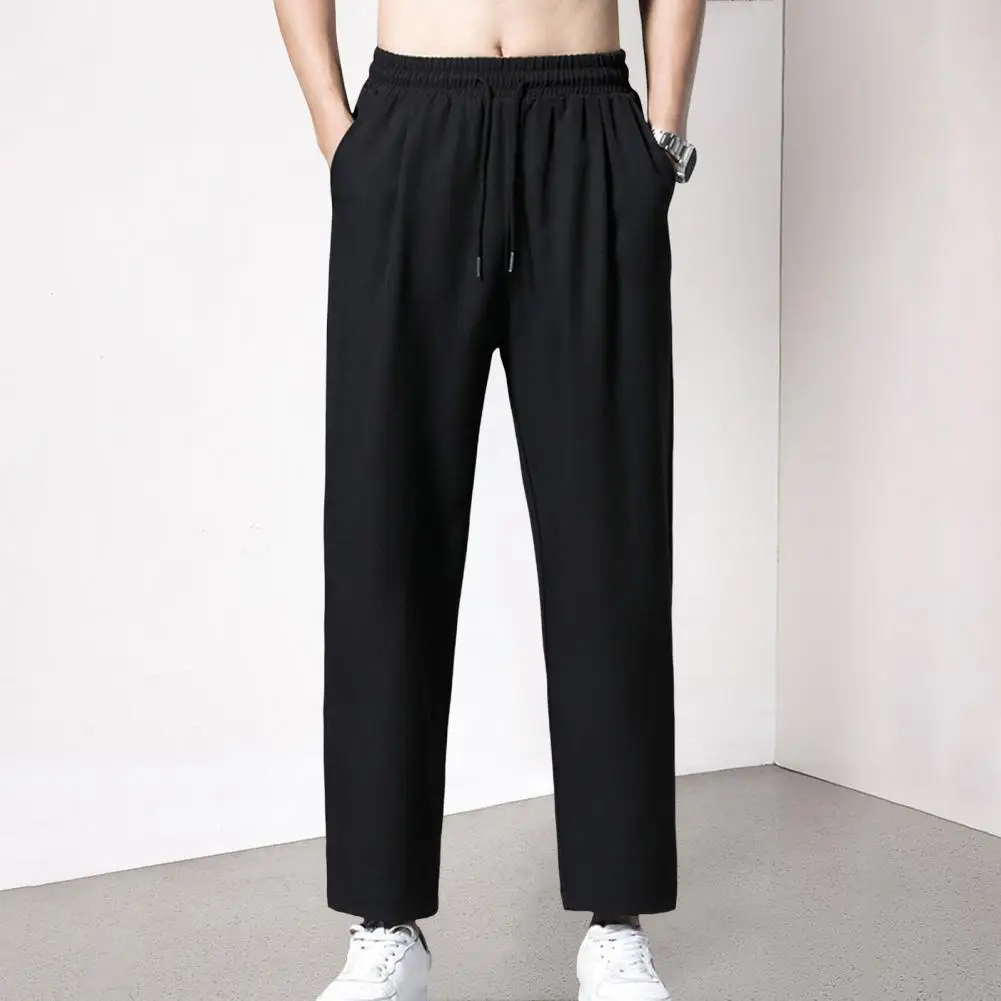 Men's Casual Ankle-Length Pants Solid Color Straight Wide-Leg Trousers Elastic Waist Ice Silk Breathable Quick-Dry Baggy Cargo S