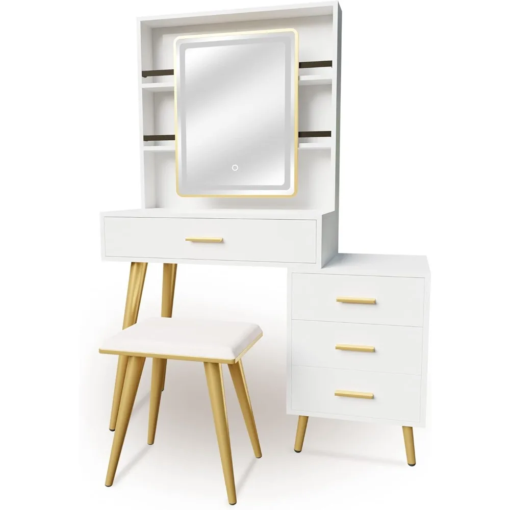 

Makeup Vanity With 4 Drawers Vanity Mirror With Lights and Table Set Rectangular Mirror White Freight Free Dressing Dresser Home