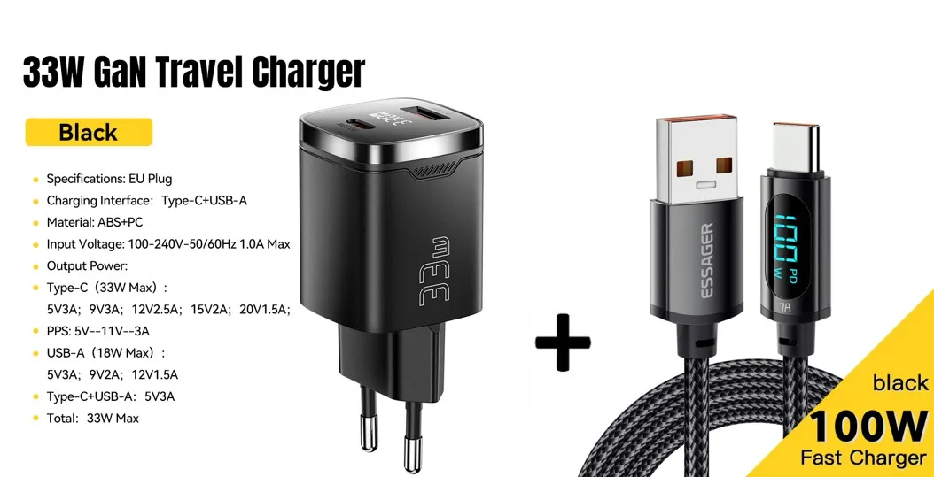Essager 33 واط GaN USB C شاحن شاشة ديجيتال PD شحن...