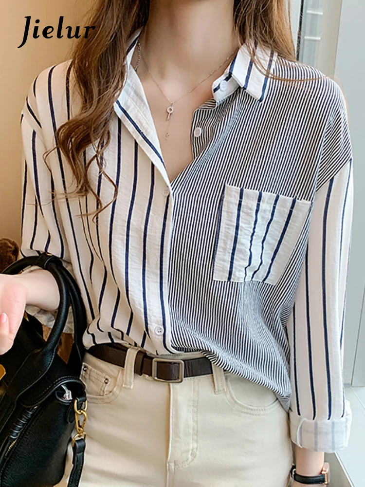 

Jielur Pockets Striped Casual Long Sleeve Shirt Women Blouse Ladies Clothes Loose Button Womens Tops Chemisier Femme 2022 Spring