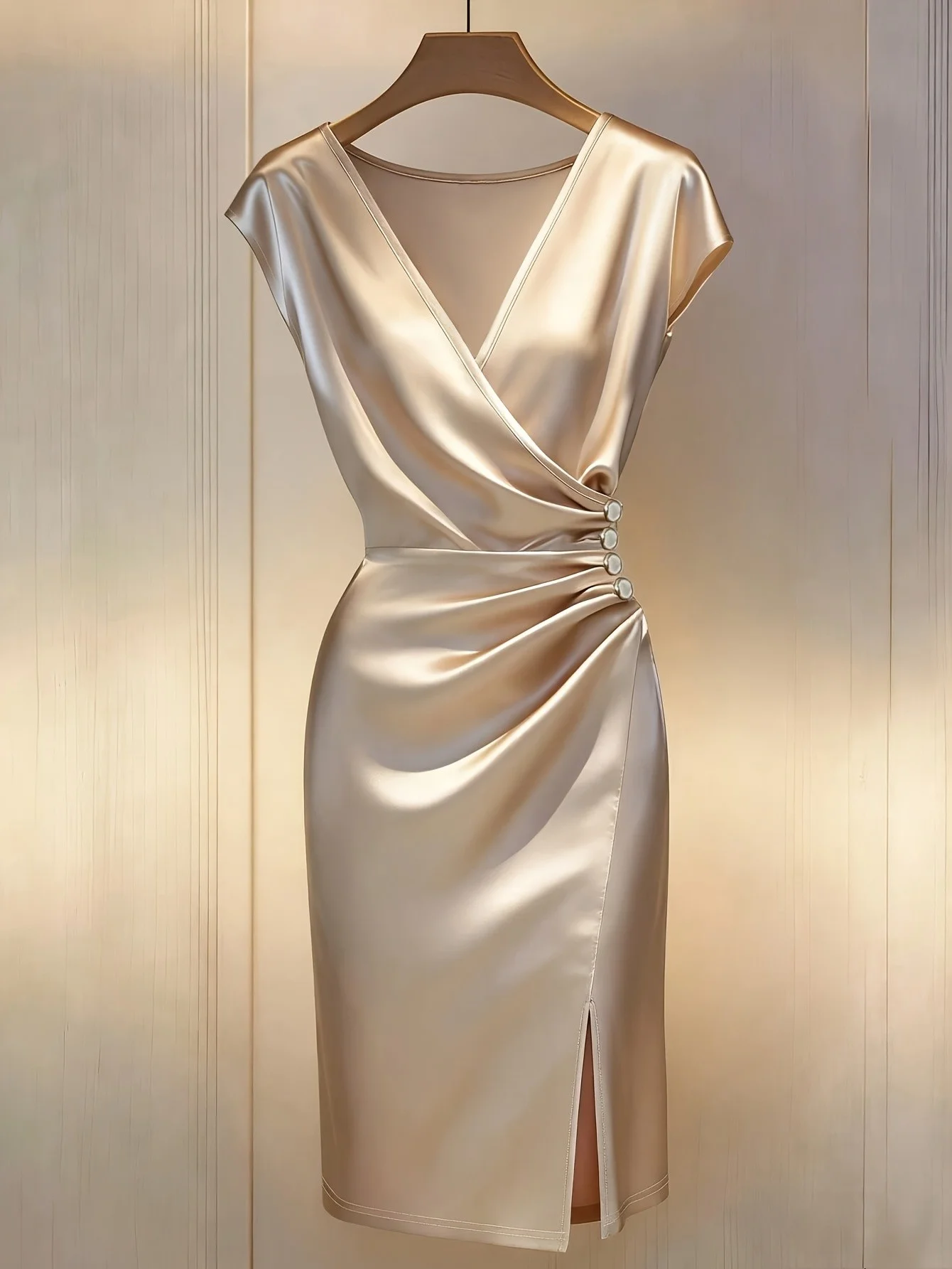 فستان نسائي V-Neck مطوي بأزرار فاخرة
