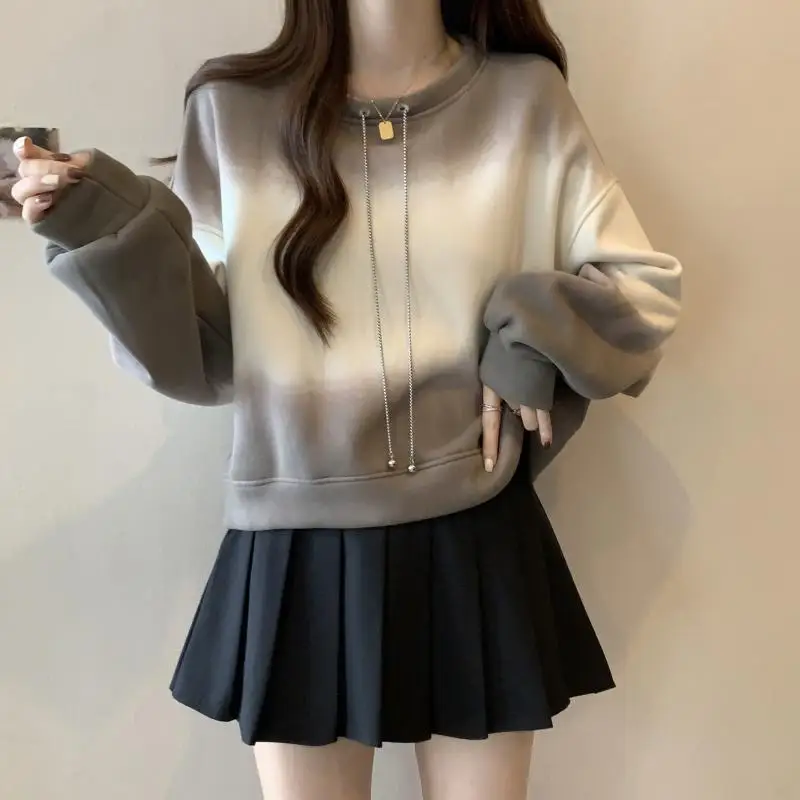 Women's Autumn Winter Fashionable Elegant Round Neck Long Sleeved Pullover Hoodie Casual Versatile Western-style Commuting Tops