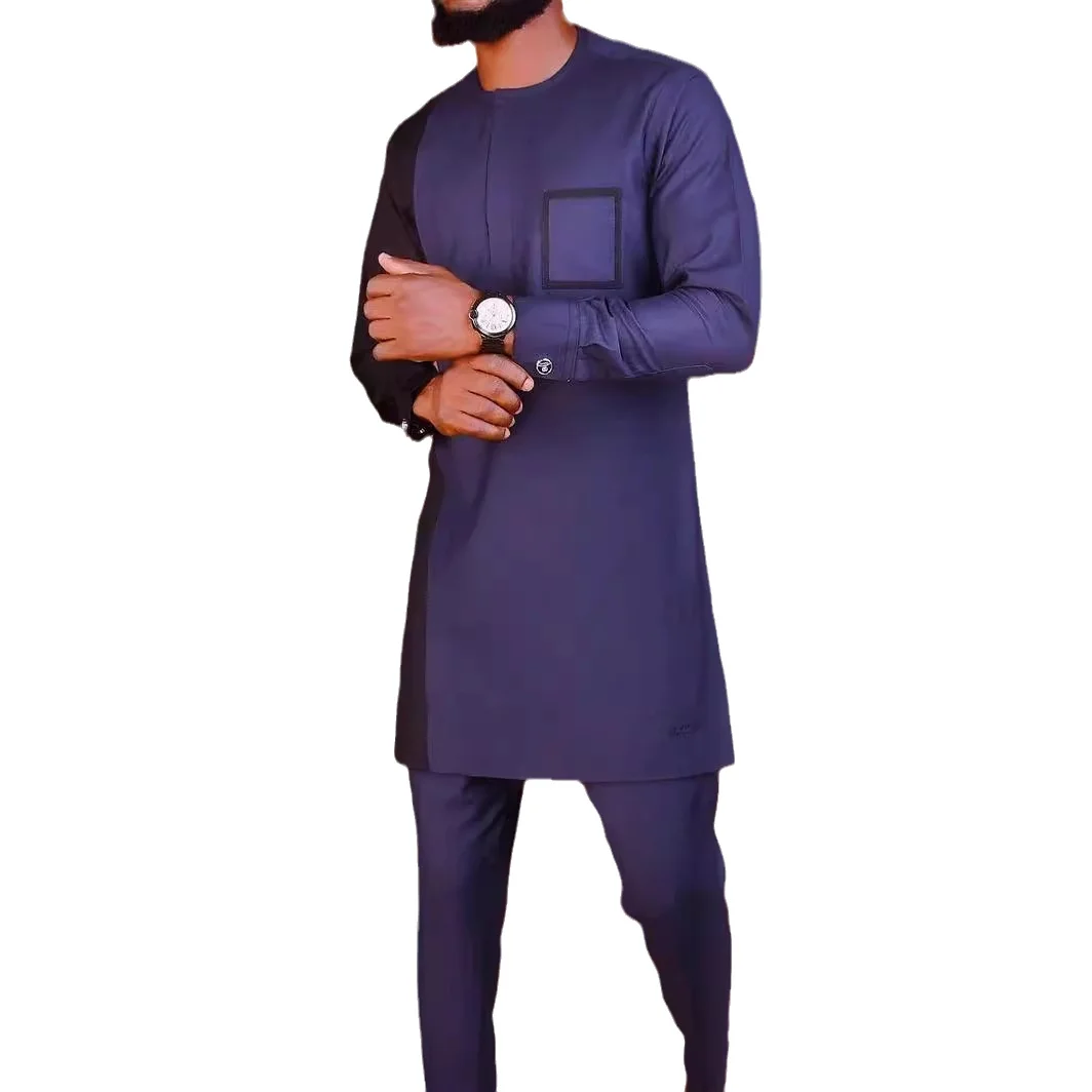 Men's luxury fashion leisure navy blue geometric print two-piece set 3