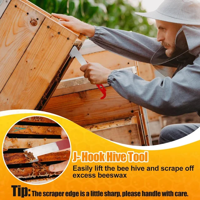 أداة خلية النحل لتربية النحل - خطاف J من الفولاذ المقاوم للصدأ وفرشاة نحل من شعر الخيل الطبيعي، وفرشاة خلية النحل لرفع إطار النحل و