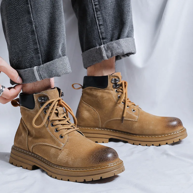

Мужские повседневные ботинки в британском стиле, ботильоны из коровьей замши, кожаная обувь, ковбойские рабочие ботинки на платформе для весны и осени