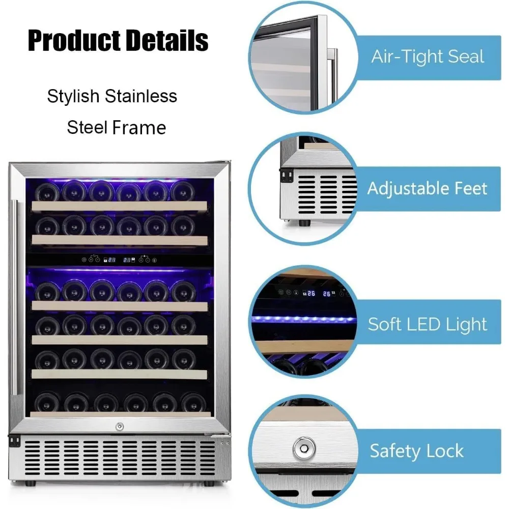 24" Wine Refrigerator Under Counter Beer Mini Fridge Built-in Stainless Steel Dual-Layer Digital Temperature Control Glass Door