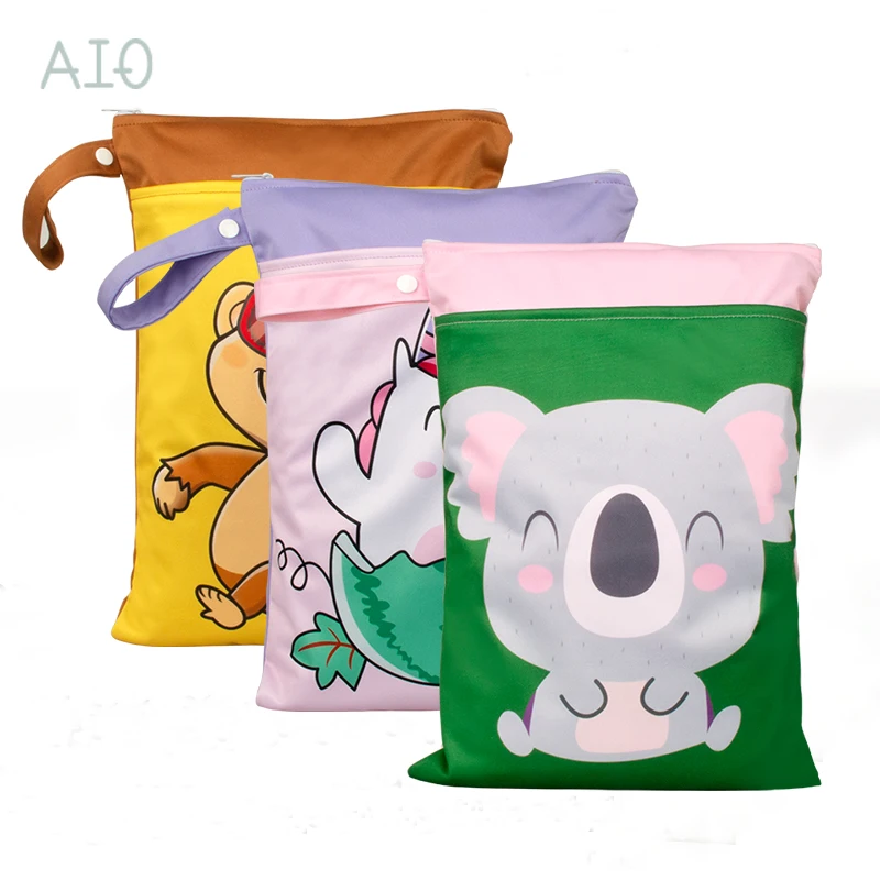 

AIO 20*25cm Baby Diaper Bag Cartoon Print Waterproof Wet Dry Nappy Zipper Handbag Stroller Carry Pack Travel Outdoor Wet Diaper
