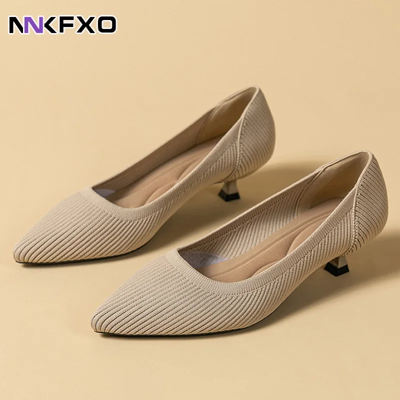 

Модная трикотажная дышащая однотонная женская фотообувь 2023 Новинка остроносые женские туфли на среднем каблуке