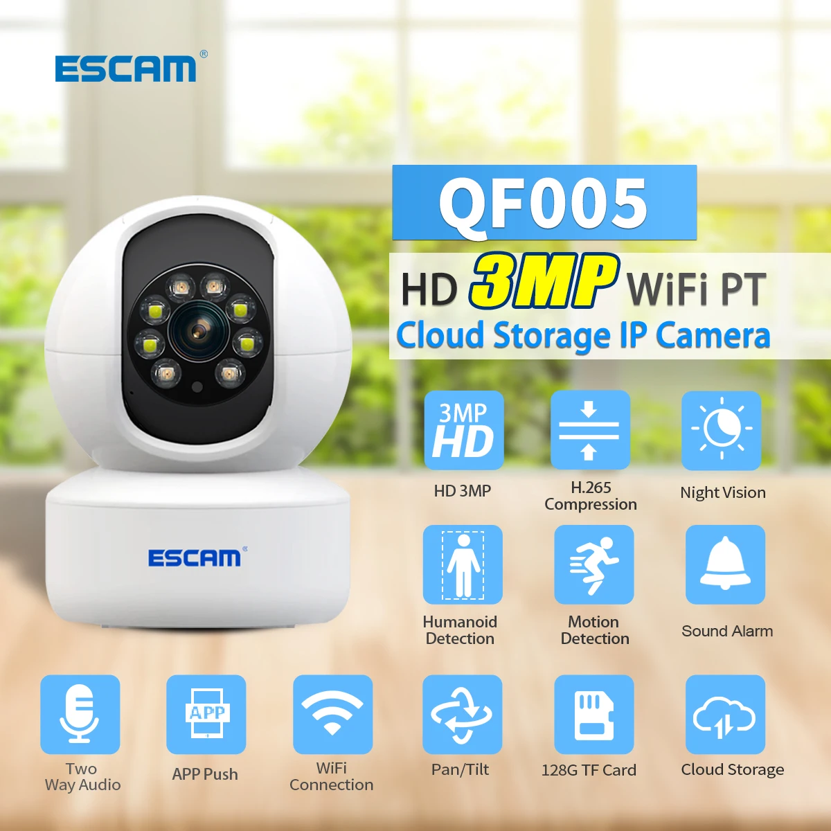 ESCAM QF005 3MP 1296P iCsee APP Wireless PTZ IP Dome Camera AI Humanoid Auto Tracking Full Color Home Security Baby Monitor