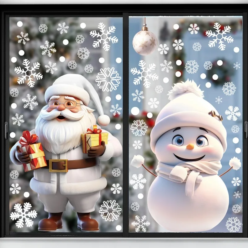 Wall Stickers Window Stickers 1/4pcs Christmas Decor Window Sticker Reusable Snowflake Snowman Static Decals Glass Wall Door Sticker New Year Xmas Home Decor