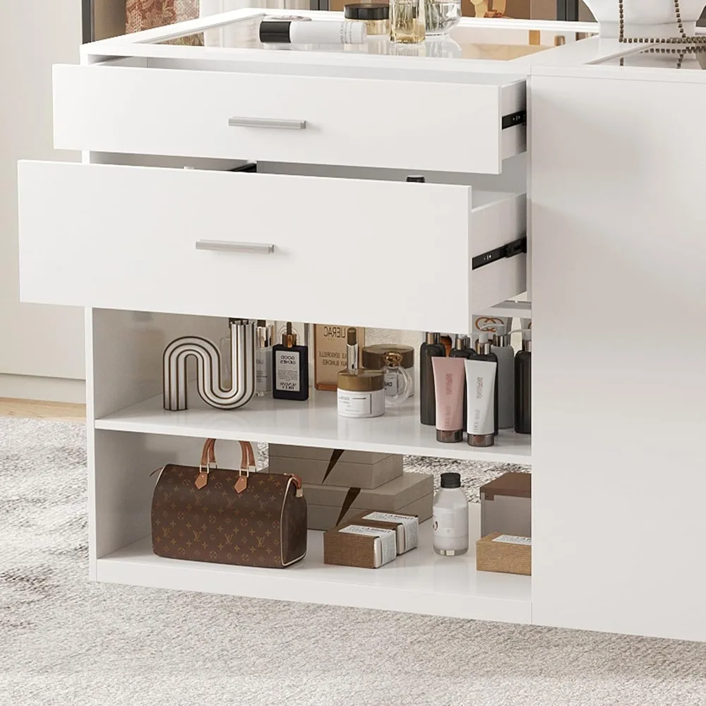 Bedroom Closet Island with Glass Top, White Wardrobe Closet Island with 6 Drawers, Island Dresser with Display Shelf & Storage 2