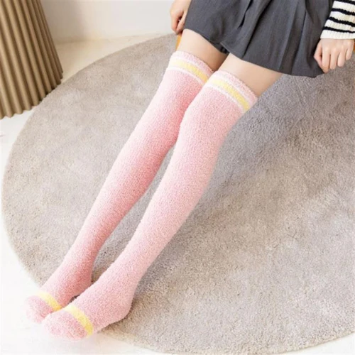 부드러운 산호 플리스 무릎 양말, 따뜻한 소녀, 귀여운 스타킹, 스트라이프, 아늑한 긴 허벅지 높은 양말, 크리스마스, 1 쌍 3