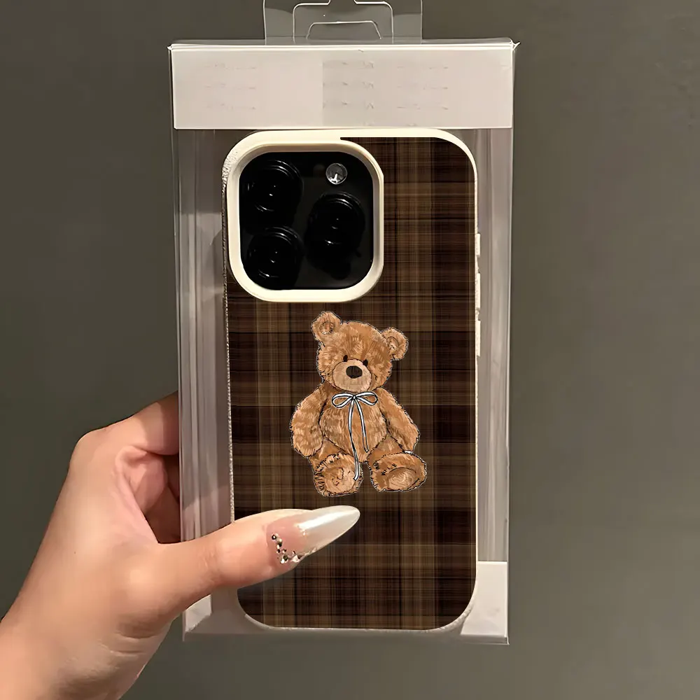 Retro Plaid Cute Bear Pattern Lychee Soft Phone Case Cover