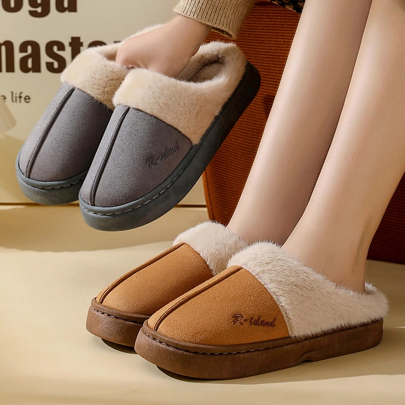 2025 Winter Platform Cotton Slippers Women Letters Thick Bottom Warm Plush Slides Woman Comfortable Fluffy Couple Home Shoes