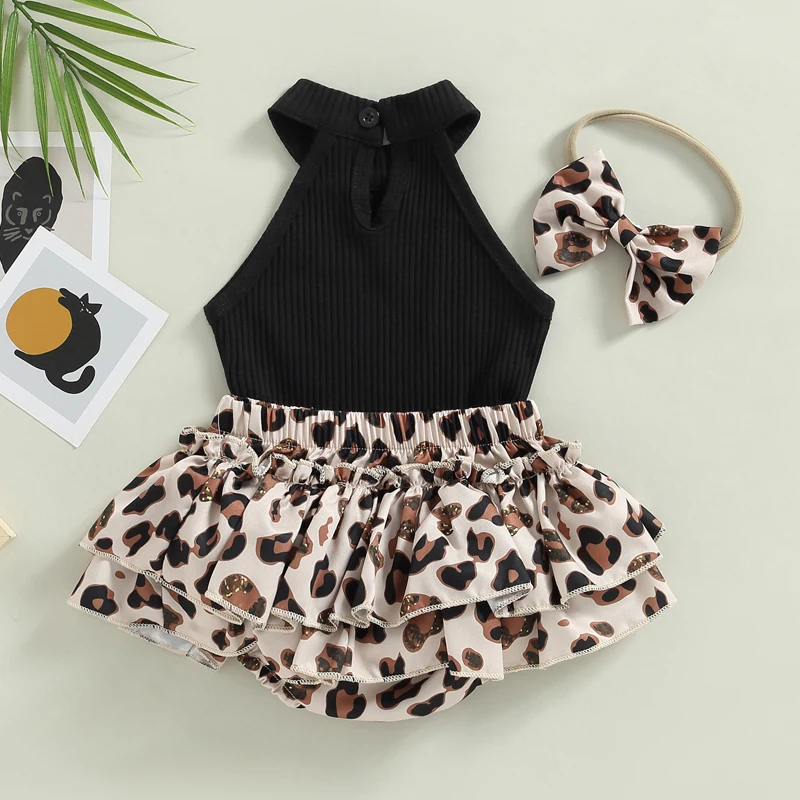 Baby Girl 3Pcs Summer Outfits, Sleeveless Halter Tops + Ruffle Shorts + Headband Set 3M-24M