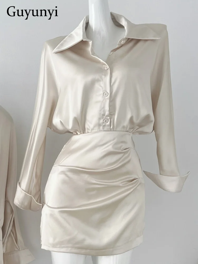 

Elegant Office Lady Dress Solid Color Shirt Collar Shoulder Insert Batwing Sleeve Elastic Waistline Pleated Professional Dress
