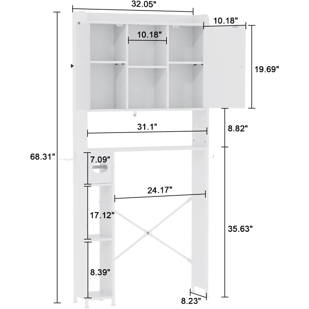 Over The Toilet Storage Cabinet with Metal Frame and 7 Storage Shelves, Bathroom Organizer with Adjustable Shelves, Paper Holder 2