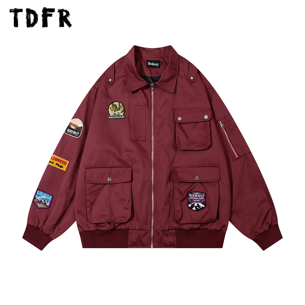 

Badge Embroidery Cargo Jacket Mens Autumn Winter Multi-Pocket Retro Casual Lapel Loose Long Sleeve Outerwear Men