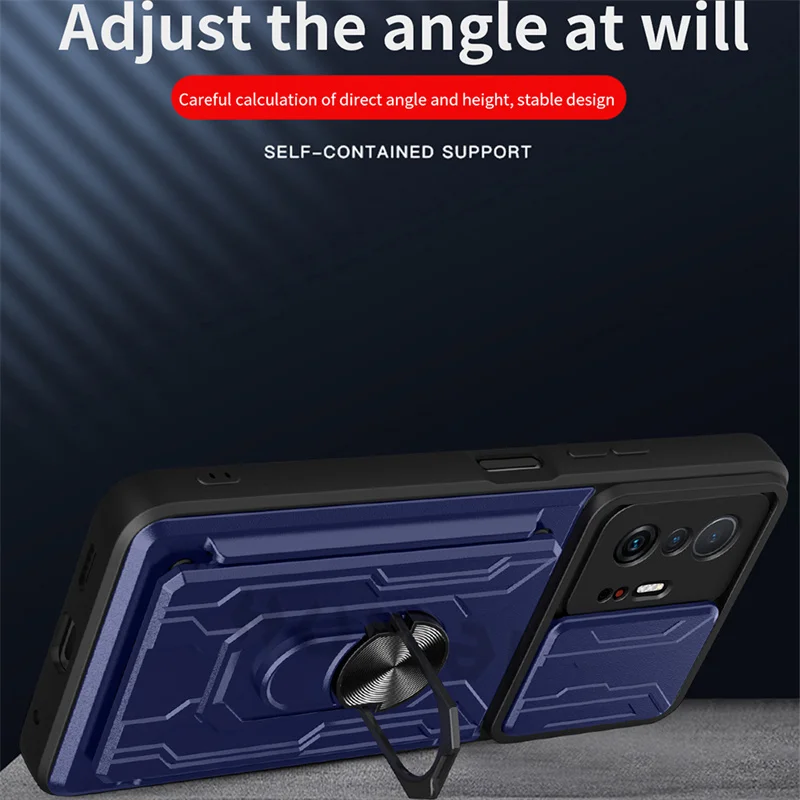 Detachable Card Holder Phone Case For Xiaomi 11T 11 Pro Redmi Note 11 10 Poco X3 Pro Max Slide Stand Kickstand Ring Camera Cover