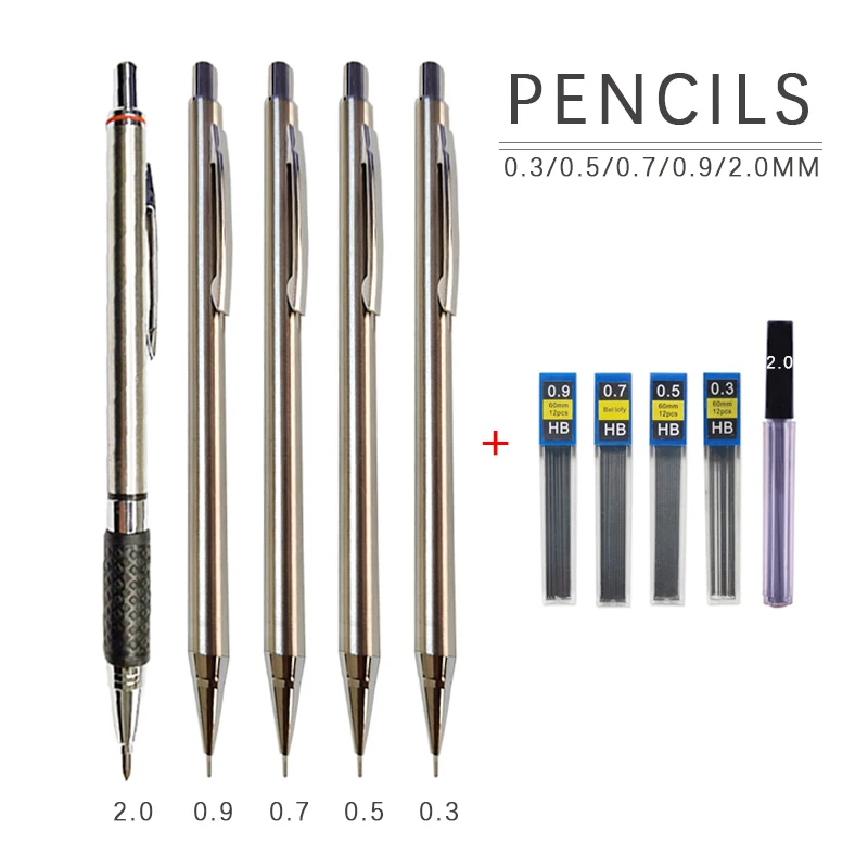 Металлические механические карандаши для рисования, 0,3/0,5/0,7/0,9/2,0 мм