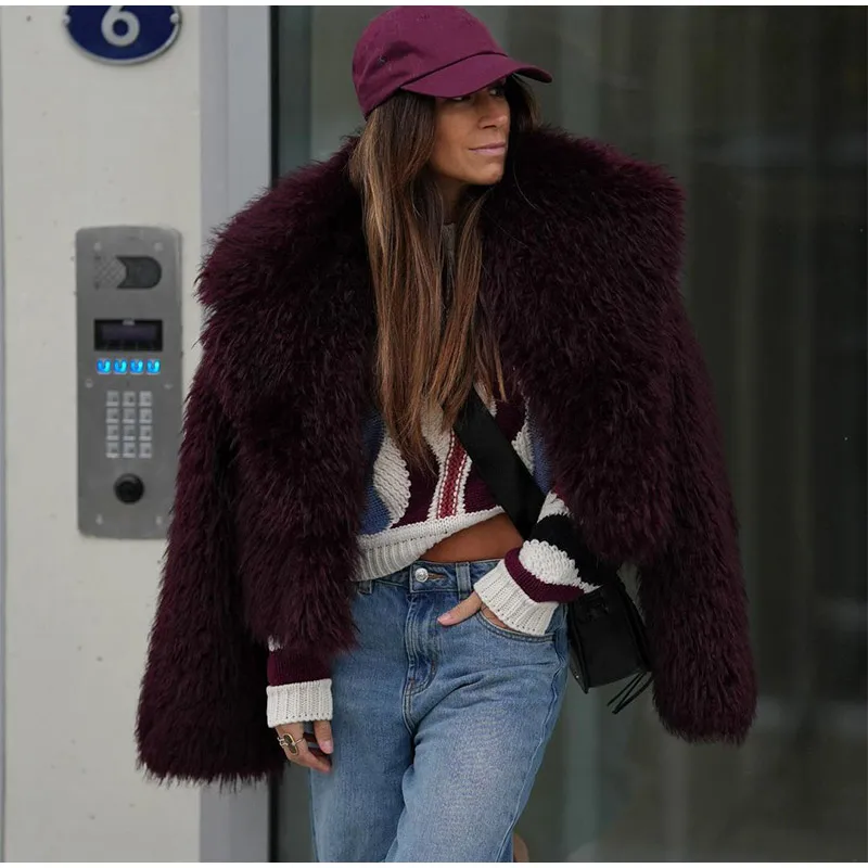 Fashion Women Faux Fur Coat Fluffy Lapel Loose Long Sleeve Burgundy Red Cropped Jacket Female Winter High Street Outwear