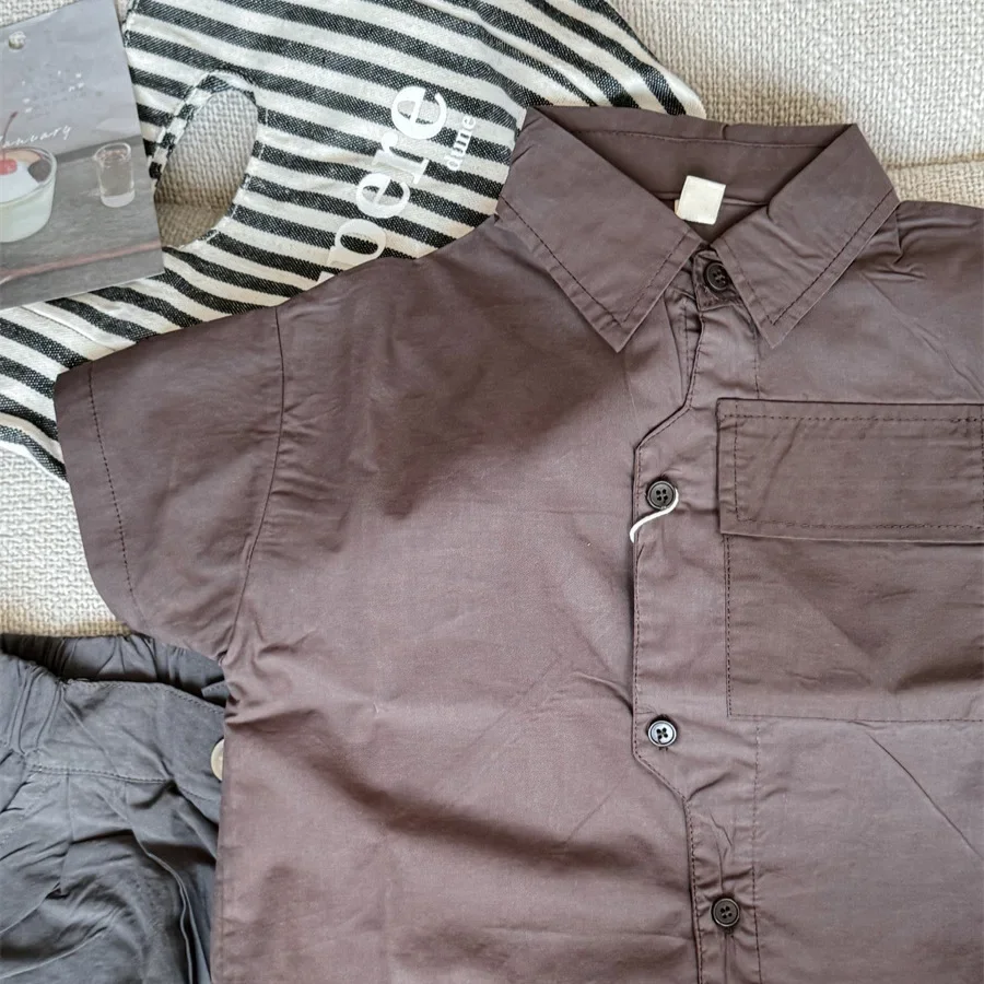 New Hot Sale Of The Season Cotton Short Sleeve Shirt for Children Boys Girls Baby Wilderness System Pocket Half Sleeve Blouse Ki