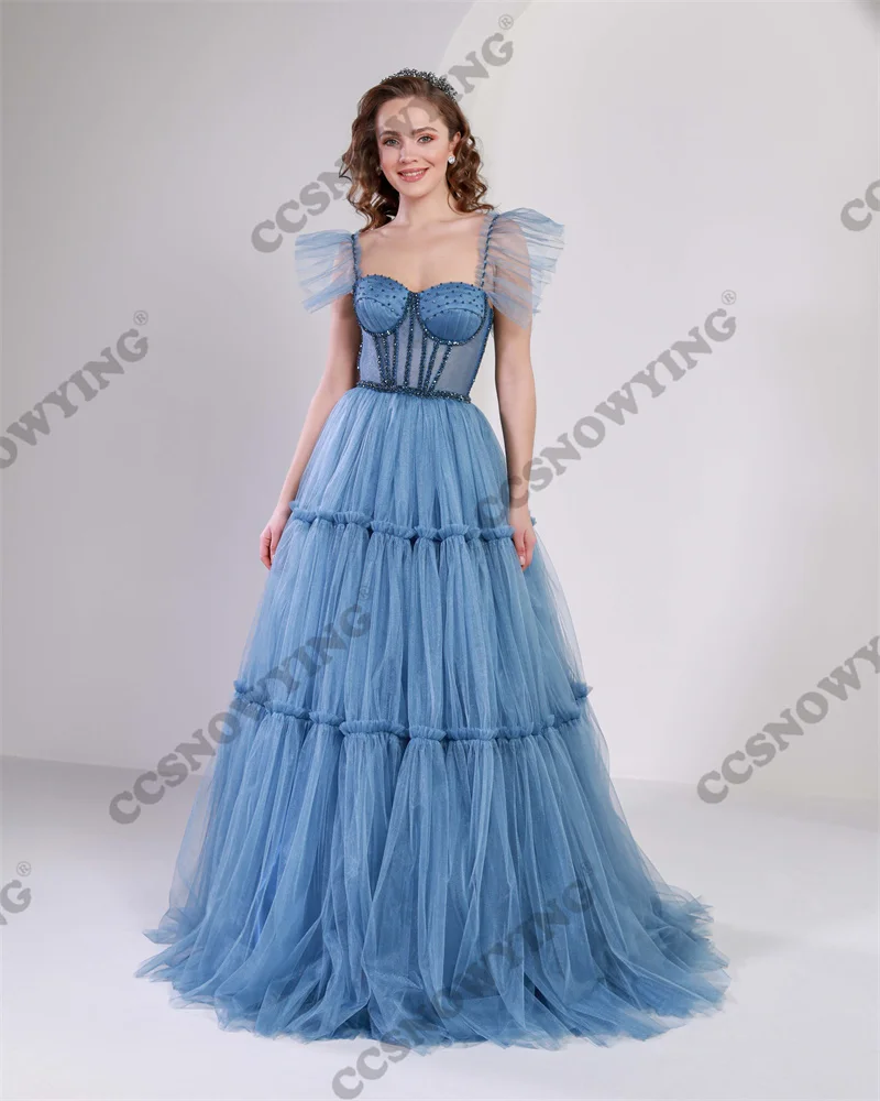 

Sexy Tiered Appliques Beaded Muslim Evening Dresses Sleeveless Islamic Formal Party Gowns Boat Neck Women Arabic Robes De Soirée