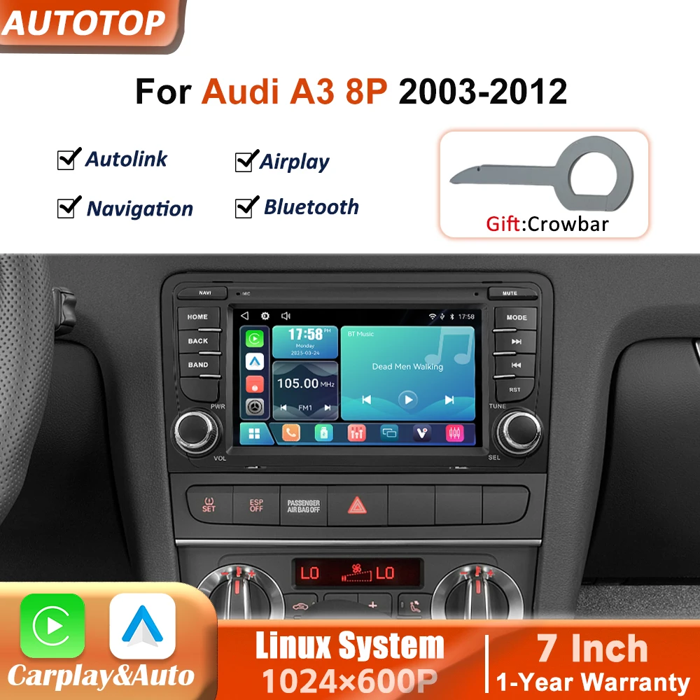 Radio para coche inalámbrico de 7 pulgadas con Carplay, Android Auto, Linux, para Audi A3 8P 2003-2012, reproductor multimedia de vídeo, pantalla táctil con YouTube en línea, Airplay, Autolink, Mirror Link, WiFi, Bluetooth, navegación GPS 1