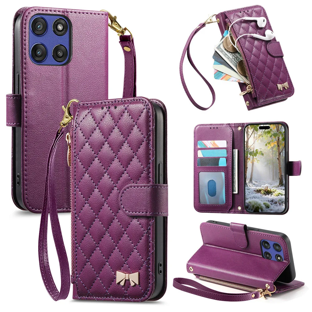 Luxury Leather Flip Case with Zip Wallet and Lanyard Wrist Strap