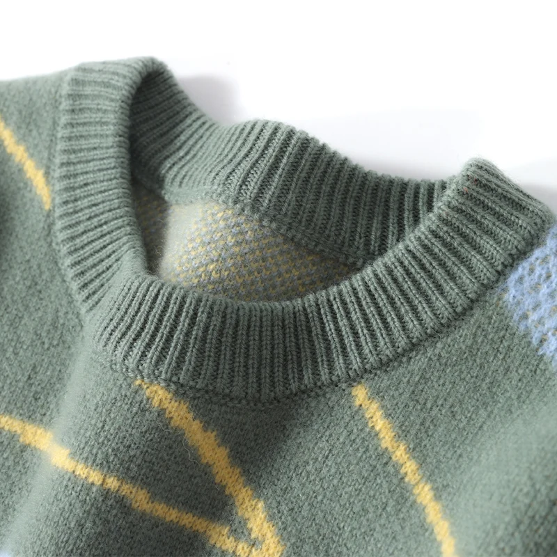 Autumn Winter 100% Merino Wool Thick Warm Men's Round Neck Sweater Knitted Pullover Contrasting Clothing Long Sleeves coat