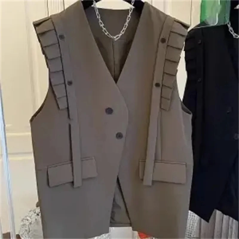 

2024 Spring New Vest for Women Coat V-neck Sleeveless Oversized Tops Patchwork Ruffles Casual Waistcoat Fashion Korean Tanks