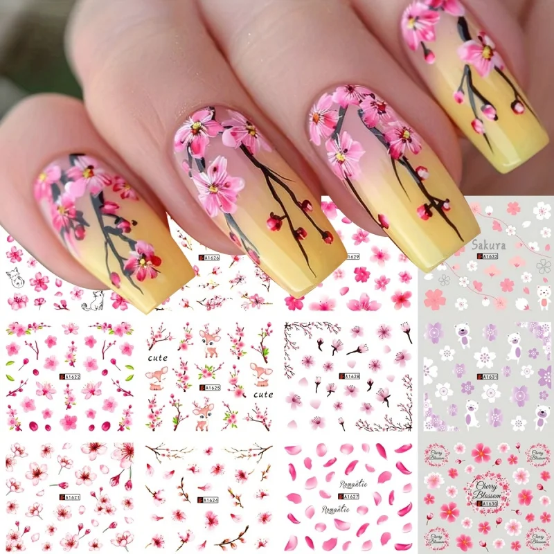 Cherry Blossom & Bear Water Transfer Nail Stickers - Pink Floral Design