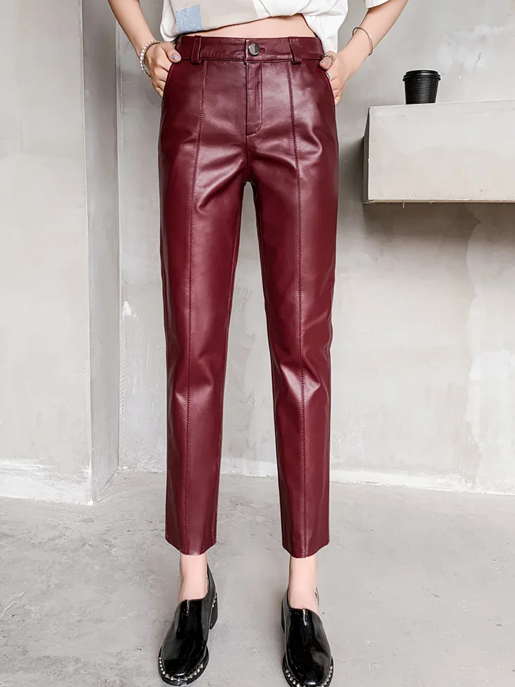 

Spring New Designer Women's High Quality Genuine Leather Pencil Pants Hot Fashion Sheepskin Ninth-Pants C363