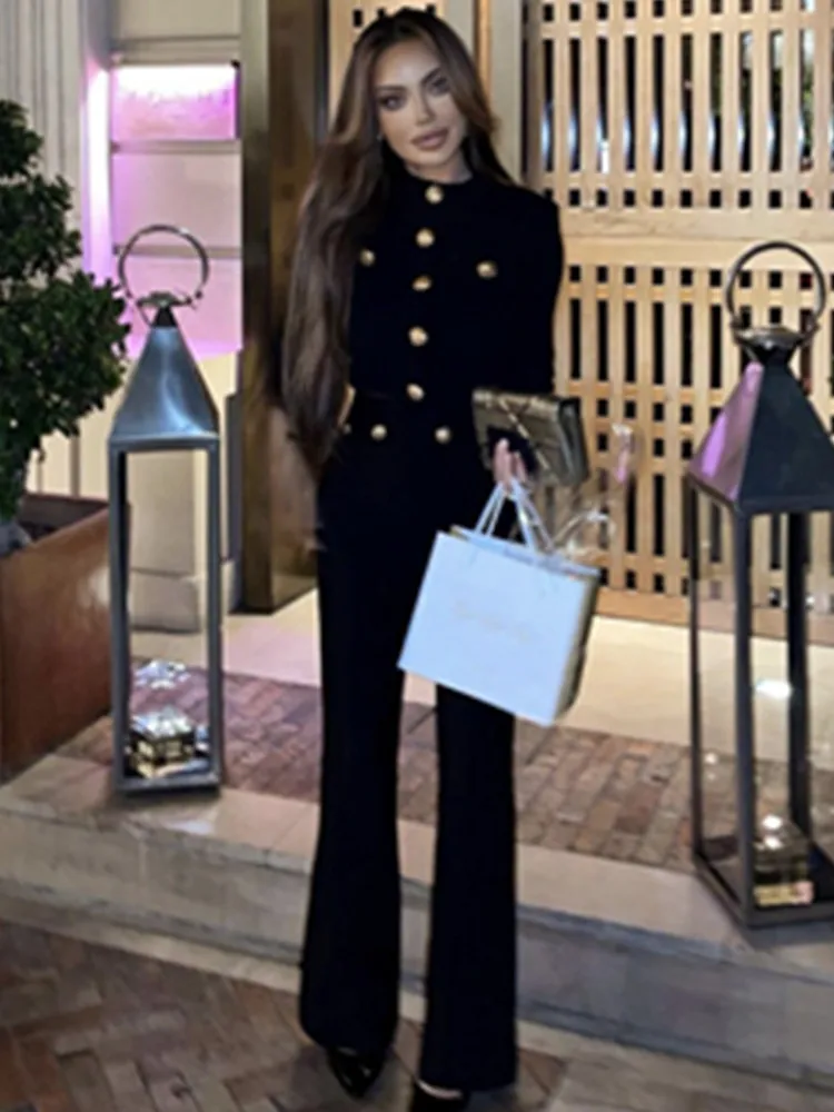 New Autumn Style Black Color Women Long Sleeve Button Rayon Bandage Coat Pants Fashion Women's Set High Street Celebrate Wear 4