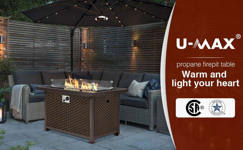 Description Picture 2 of itemU-MAX 44in Outdoor Propane Gas Fire Pit Table, 50,000 BTU Auto-Ignition Gas Firepit with Glass Wind Guard, Black Tempered