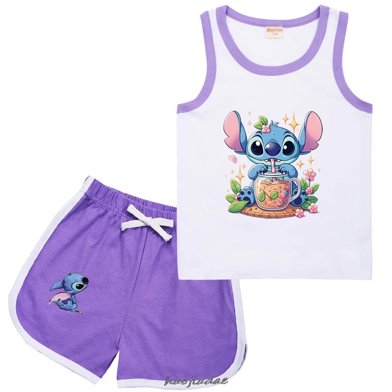 

Hot Lilo And Stitch Summer Vest Sets Kids Clothes Teens Girls Clothing Baby Boys T-shirt Shorts Casual Sports Tops Tees Gift