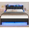 Bed Frame with Headboard and LED Lights, Upholstered Bedframe with Charging Station and USB Port, Platform Metal Bed Frames 1