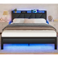 Bed Frame with Headboard and LED Lights, Upholstered Bedframe with Charging Station and USB Port, Platform Metal Bed Frames 1