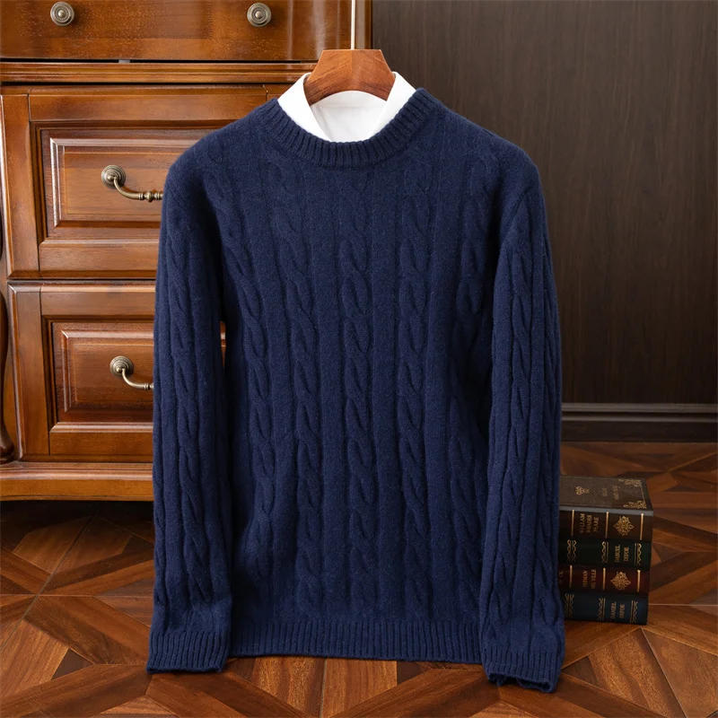 Autumn and winter new wool sweater men's round collar pure color pullover jacquard thick sweater loose cashmere sweater 4
