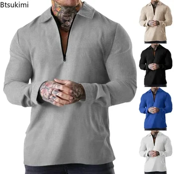 Nuove Polo a Maniche Lunghe da Uomo, Comode e Traspiranti, in Tessuto Waffle, T-shirt Tinta Unita, Moda con Mezza Zip e Colletto, Casual, per Golf e Sport
