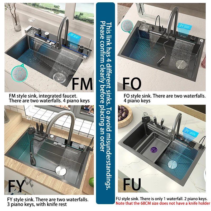 Stainless Steel Waterfall Sink Kitchen Large Single Slot Integrated Digital Display Faucet Set Embossed Wash Basin 6