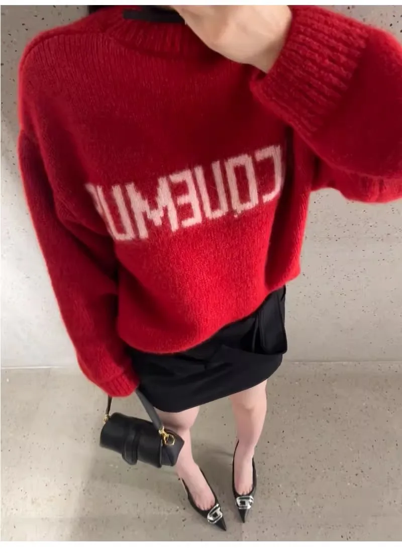 

Brand Jacqu*** Luxury Women Alpaca Wool Sweater with Letter Logo Printing Lady Wool Sweater with Round Collar