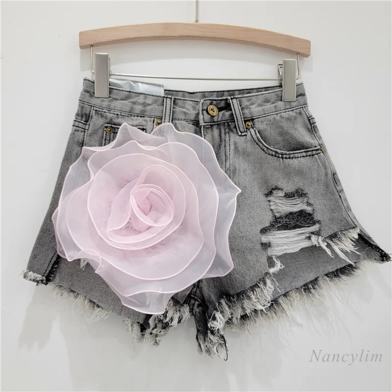 Three-Dimensional Flower Denim Shorts Women's 2024 New American Street Worn Washed-out Frayed A- Line Hot Pants Ins Jean Shorts