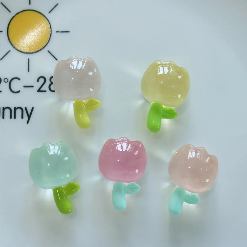 투명 튤립 꽃 시리즈 송진 플랫 백 카보숑, 스크랩북 DIY 보석 공예 장식 액세서리, 10 개