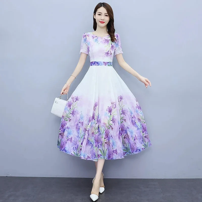 Green Big Swing Chiffon Dress Women's Summer Dress 2023 Fashion Long Slim Floral Dresses Print Short Sleeve A-Line Dress Elegant