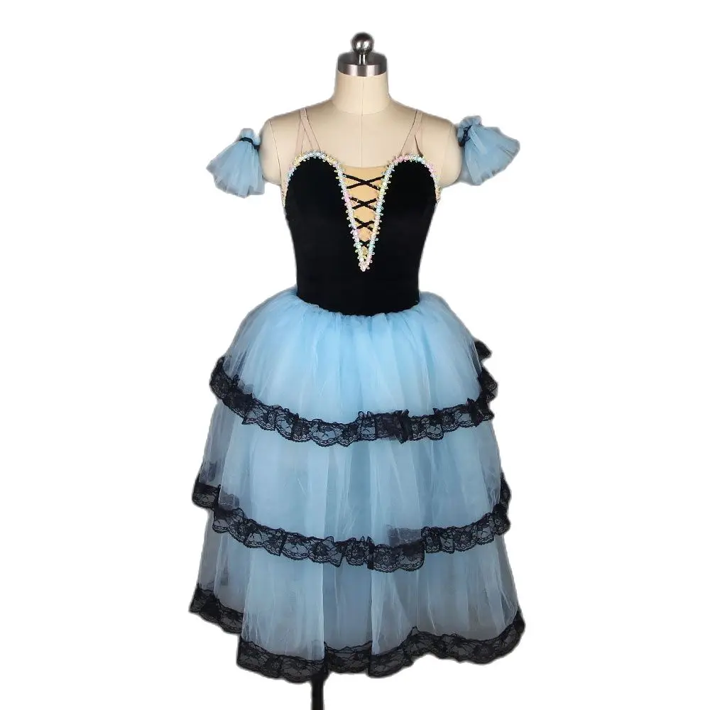 

Black velvet bodice pale blue tulle long romantic ballet tutu Girl & Women Stager Performance Ballet costume Dancewear Tutu